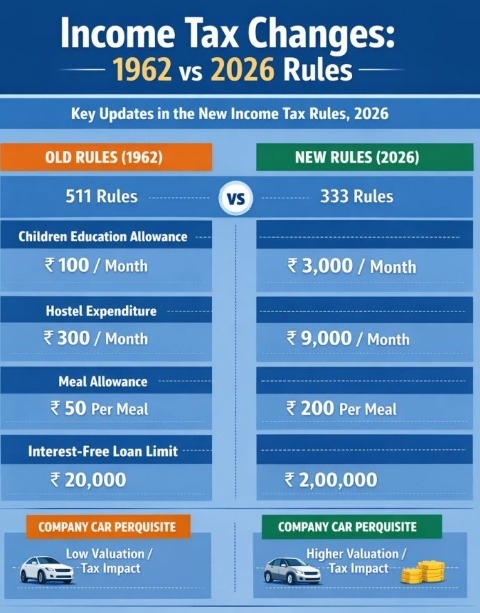 Income Tax Rules 1962 vs 2026 - Key Changes including Children Education Allowance, Hostel Expenditure, Meal Allowance, and Interest-Free Loan Limit
